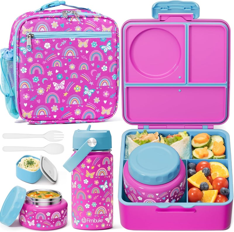 Fimibuke Kids Bento Lunch Box, Leakproof Toddler Bento Box with 8.5 OZ Insulated Food Jar, Lunch Bag, Kids Water Bottle, 3 or 4 Compartment Container for Back to School Toddler Girls Boys - Image 1