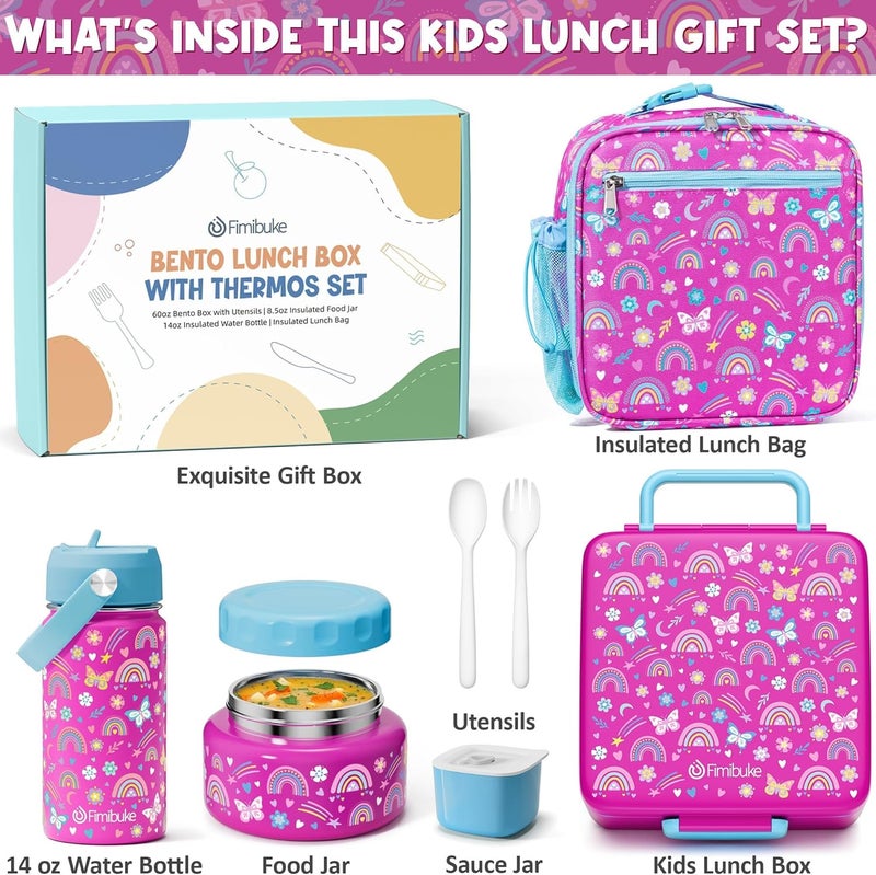 Fimibuke Kids Bento Lunch Box, Leakproof Toddler Bento Box with 8.5 OZ Insulated Food Jar, Lunch Bag, Kids Water Bottle, 3 or 4 Compartment Container for Back to School Toddler Girls Boys - Image 2