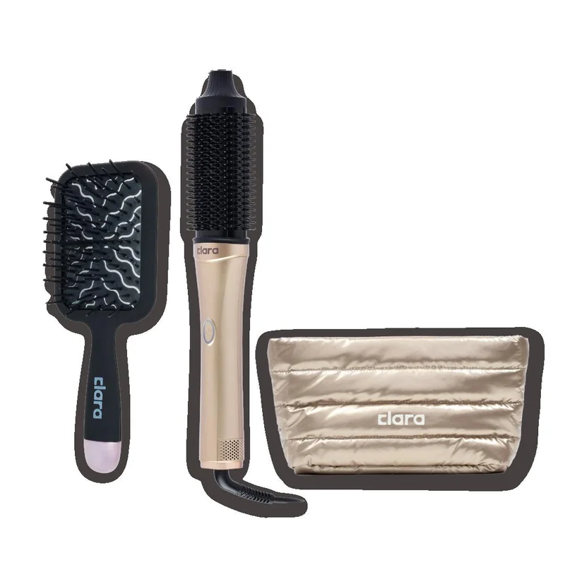 CLARA The Salon Blow-Dry Kit Bundle – Silver AirGlow 560W Hot Air Brush with BLDC Motor & Dual Voltage, Wide Paddle Detangling Hair Brush and Metallic Gold Toiletry Bag
