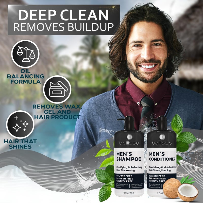 BELLISSO Mens Shampoo and Conditioner Set - Sulfate Free and Clarifying - For Men with Oily to Normal Hair - Moisturizing and Thickening - Biotin, Keratin, Tea Tree Oil, Caffeine and Peppermint for Dandruff - Image 2