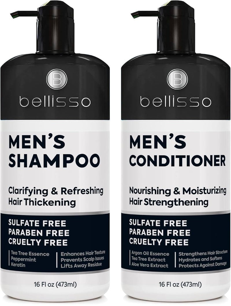 BELLISSO Mens Shampoo and Conditioner Set - Sulfate Free and Clarifying - For Men with Oily to Normal Hair - Moisturizing and Thickening - Biotin, Keratin, Tea Tree Oil, Caffeine and Peppermint for Dandruff - Image 1