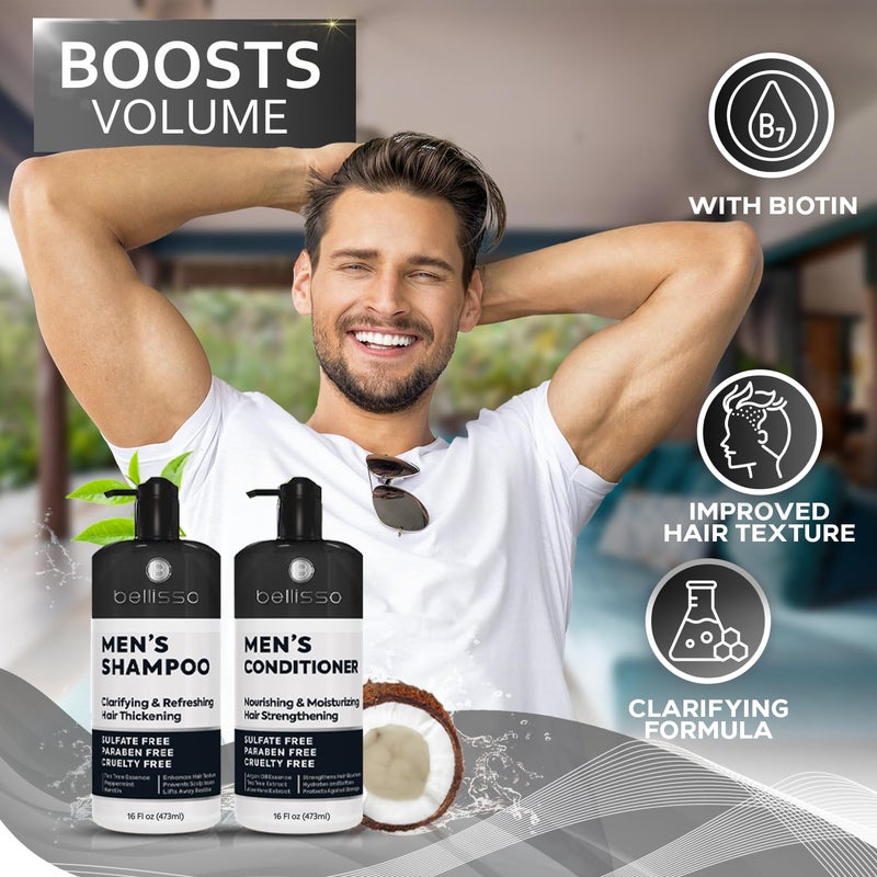 BELLISSO Mens Shampoo and Conditioner Set - Sulfate Free and Clarifying - For Men with Oily to Normal Hair - Moisturizing and Thickening - Biotin, Keratin, Tea Tree Oil, Caffeine and Peppermint for Dandruff - Image 5