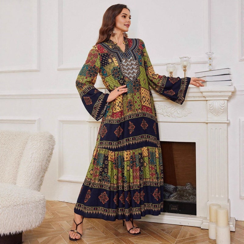 Printed V-Neck Long Dress for Women - Image 4