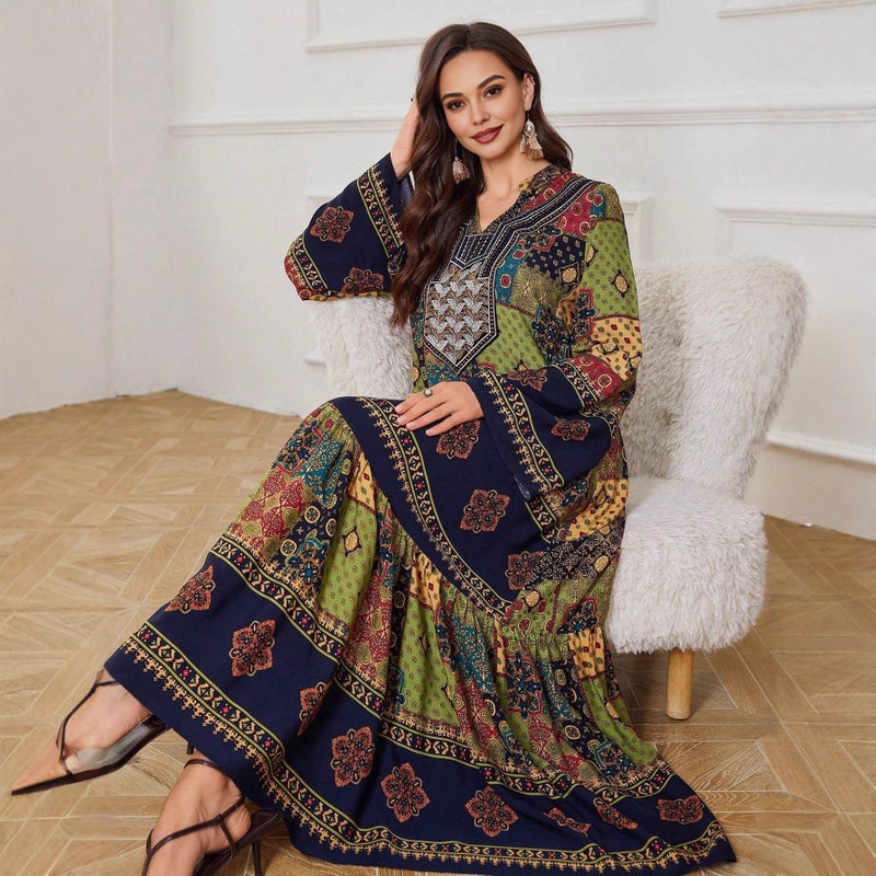 Printed V-Neck Long Dress for Women - Image 3