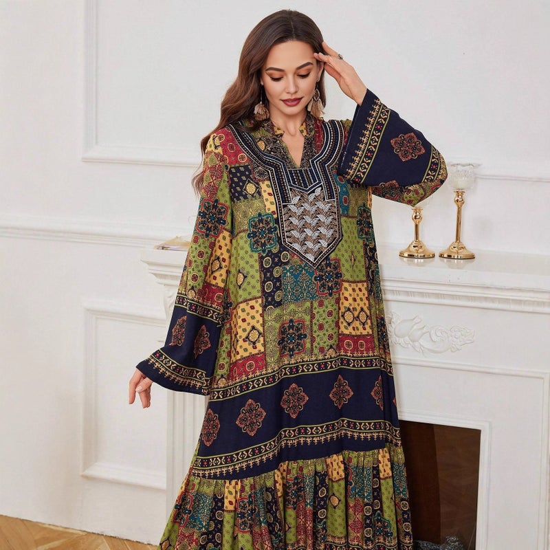 Printed V-Neck Long Dress for Women - Image 5