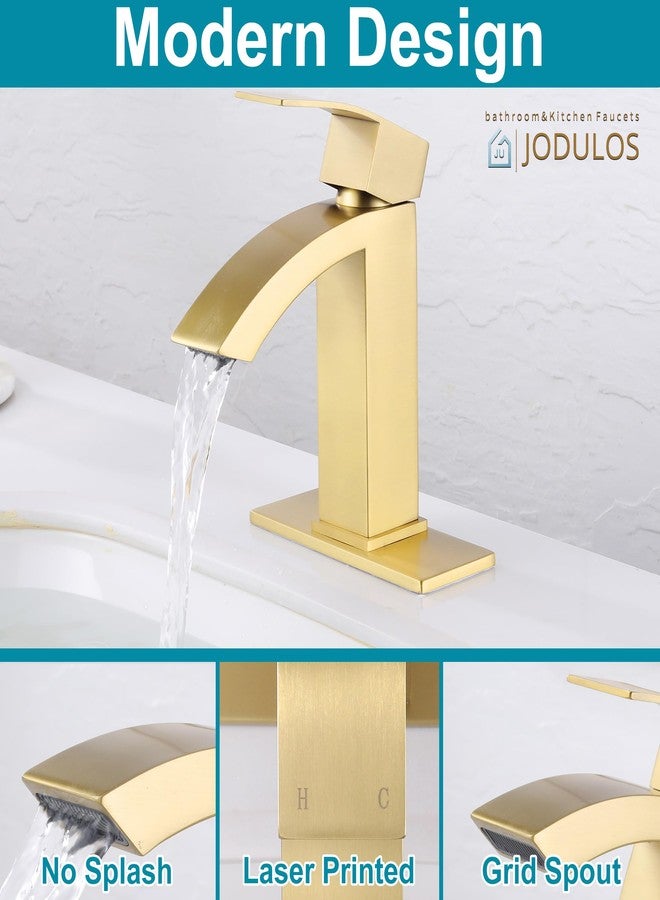 Jodulos Gold Bathroom Faucet, Waterfall Bathroom Sink Faucet with cUPC Supply Hose and Pop Up Drain, Single Handle Single Hole Modern Faucet for Bathroom Vanity - Image 3