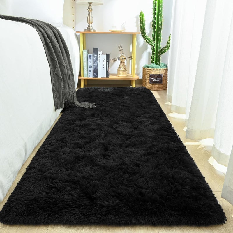 Keeko Small Bedroom Runner Rug 2x6, Black Fluffy Bedside Kids Room Rugs Living Room Shag Throw Rug for Nursery Entryway Fuzzy Indoor Area Carpet Cute Rugs for Boy Baby Girl Room Dorm Decor - Image 2