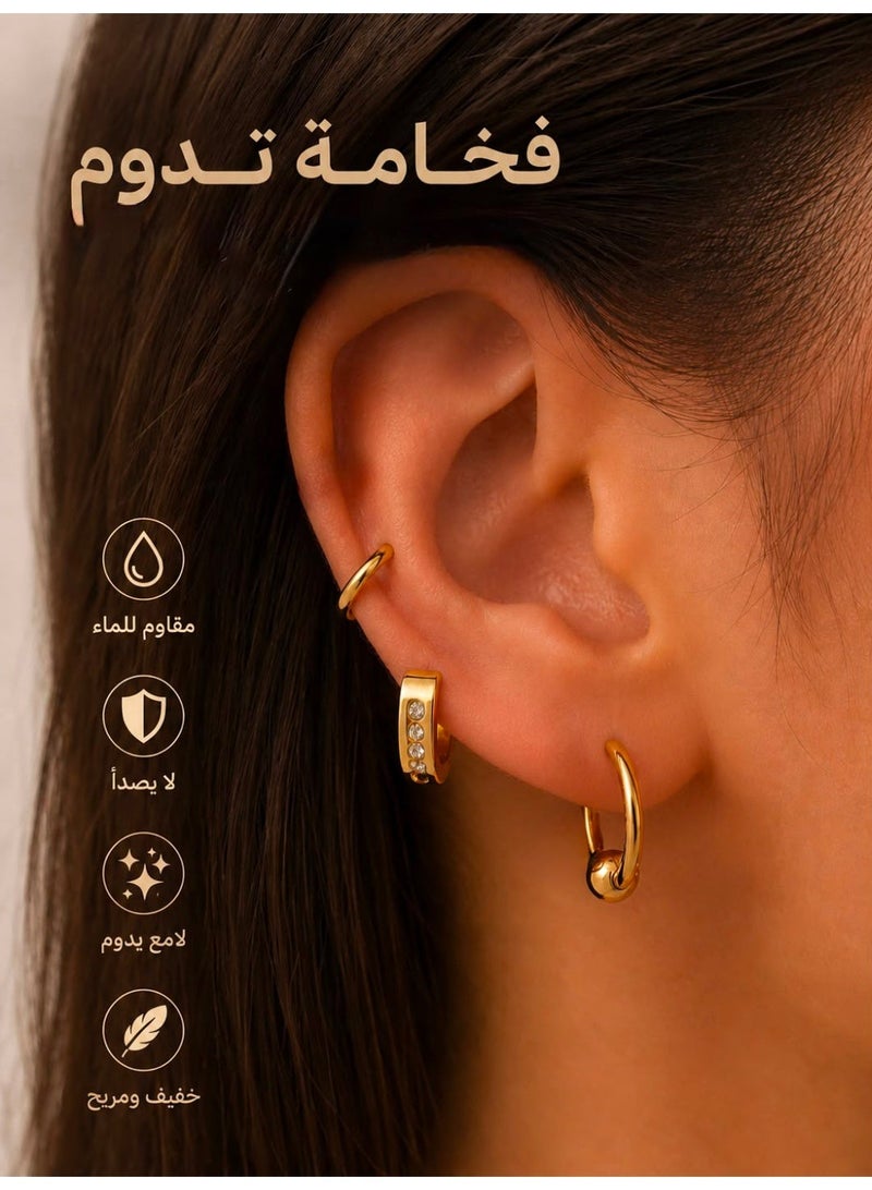 طقم حلقان نسائي ستانلس ستيل مطلي باللون الذهبي – 3 قطع هوجي وأقراط كليب للأذن بتصميم عصري وأنيق - Image 1