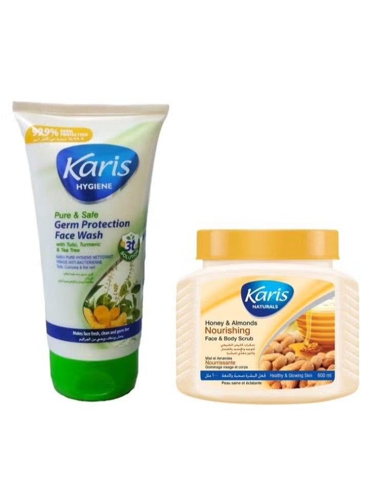 KARIS Set of 2 Karis Pure & safe Germ Protection Face Wash 150Ml plus Karis Honey & Almonds Nourishing Face & Body Scrub 600Ml - Image 1
