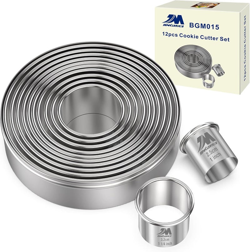 M JINGMEI Round Cookie Biscuit Cutter Set 12 Pieces Graduated Circle Pastry Cutters 18/8 Stainless Steel Cookie Cutters1inch - 4 1/2inch Donut Cutter Ring Molds GIFT Package - Image 1