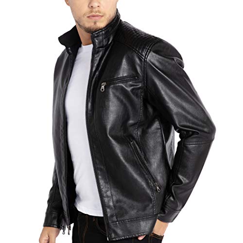WULFUL Men's Stand Collar Leather Jacket Motorcycle Lightweight Faux Leather Outwear - Image 3