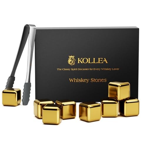 Kollea Whiskey Stones 8Pack Golden Stainless Steel Whiskey Chilling Rocks Reusable Ice Cube for Drinking Rum Cocktail Drink Accessories Bartender Kit House Warming Gifts New Home Drinking Bar