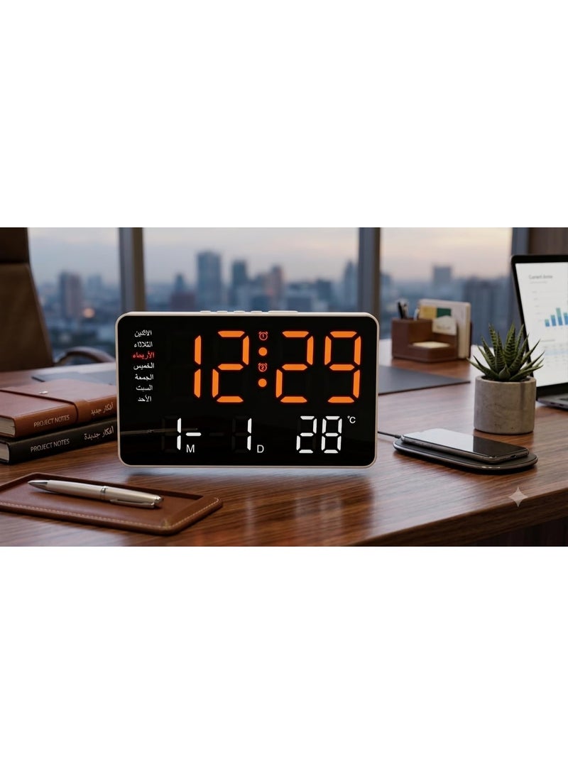 ساعة حائط ومكتب رقمية LED كبيرة بأسقام مضيئة - تعرض الوقت، التاريخ ، ودرجة الحرارة - مزودة بمنبه مزدوج - تصميم عصري للمنزل والمكتب - Image 5