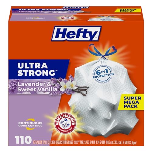Hefty Ultra Strong 13 Gallon Trash Bags, Tall Kitchen Trash Bags 13 Gallon Size, Drawstring Closure, Continuous Odor Control, White, Lavender and Sweet Vanilla Scent, 110 Bags - Image 1