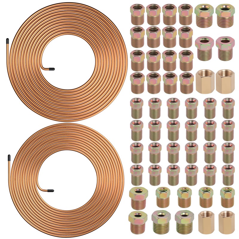 Ailbiuko 2 Sets 25 FT 3/16" 1/4" Brake Line Tubing Assortment Kit with 60 Pcs Brake Line Fittings(3/8 Inch-24 Threads,7/16 Inch-24 Thread Nuts and Unions,1/2 Inch-20 Thread,9/16 Inch-18 Thread Nut) - Image 1