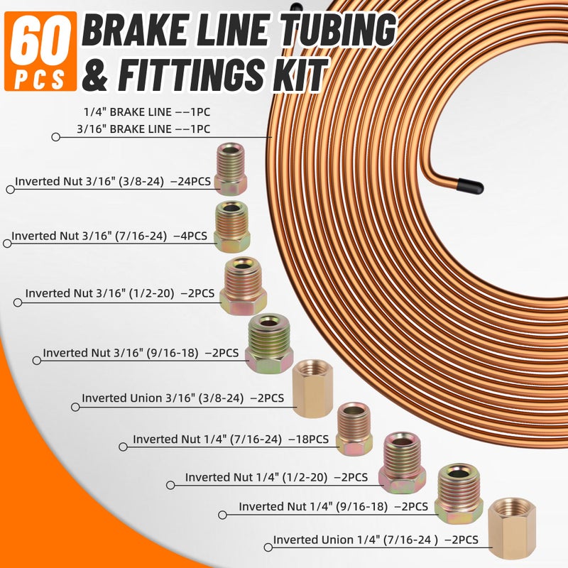 Ailbiuko 2 Sets 25 FT 3/16" 1/4" Brake Line Tubing Assortment Kit with 60 Pcs Brake Line Fittings(3/8 Inch-24 Threads,7/16 Inch-24 Thread Nuts and Unions,1/2 Inch-20 Thread,9/16 Inch-18 Thread Nut) - Image 2