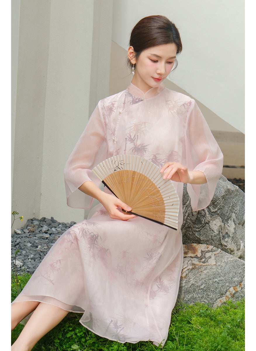 Generic 2024 Summer Retro Printed Qipao Tea Dress Pink 