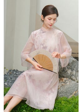 Generic 2024 Summer Retro Printed Qipao Tea Dress Pink 