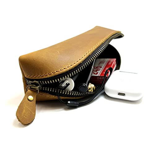 Craoopii Leather Pen Case Pencil Bag Pouch With Zipper Pen Holders Handmade Genuine Leather For Men Women Businessmen And Artists Home Work Office (Brownish yellow) - Image 4