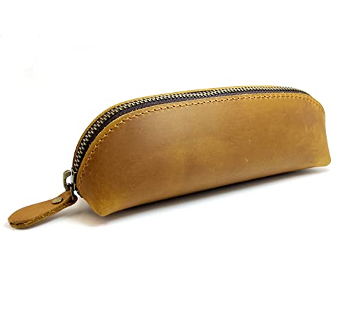 Craoopii Leather Pen Case Pencil Bag Pouch With Zipper Pen Holders Handmade Genuine Leather For Men Women Businessmen And Artists Home Work Office (Brownish yellow) - Image 1