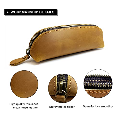 Craoopii Leather Pen Case Pencil Bag Pouch With Zipper Pen Holders Handmade Genuine Leather For Men Women Businessmen And Artists Home Work Office (Brownish yellow) - Image 5