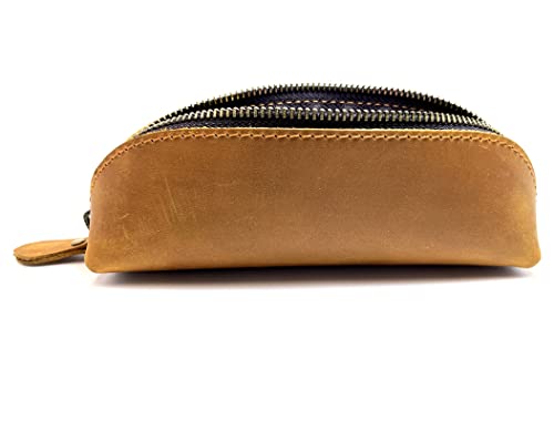 Craoopii Leather Pen Case Pencil Bag Pouch With Zipper Pen Holders Handmade Genuine Leather For Men Women Businessmen And Artists Home Work Office (Brownish yellow) - Image 2