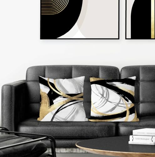 Supwhd Black White and Gold Pillow Covers, Abstract Black and Gold Pillow Covers 18x18 Set of 2, Modern Boho Home Decor, Black and Gold Decorative Throw Pillows Cover for Couch Living Room Bedroom - Image 2