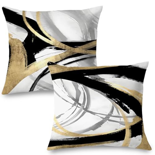 Supwhd Black White and Gold Pillow Covers, Abstract Black and Gold Pillow Covers 18x18 Set of 2, Modern Boho Home Decor, Black and Gold Decorative Throw Pillows Cover for Couch Living Room Bedroom - Image 1