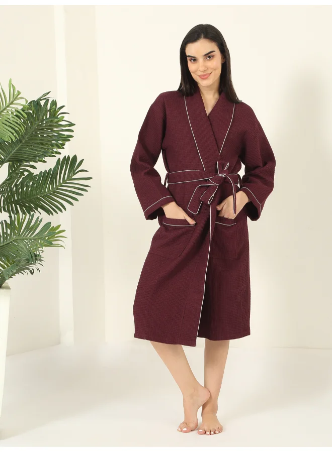 MULBERRY LIVING 100% Cotton -Waffle Lux Solid Bath Robe - Wine