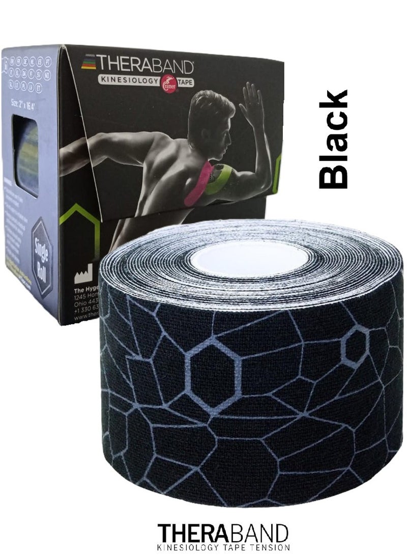 TheraBand Kinesiology Tape Waterproof Physio Tape for Pain Relief Muscle and Joint Support, Standard Roll with Xact Stretch Application Indicators (Black)  - Image 1