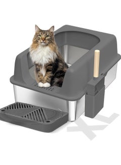 Extra Large Stainless Steel Cat Litter Box with High Wall Enclosed XL Cat Litter Box for Big & Multiple Cats Steel Litter Box with Lid, Easy Clean, Anti-Leakage, Non-Sticky