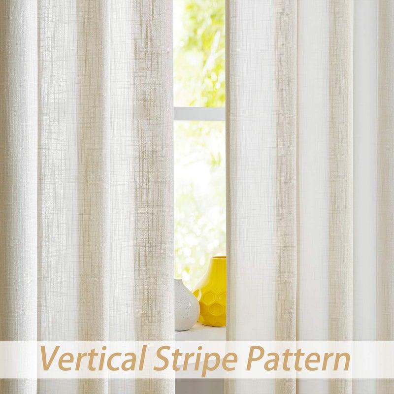 Central Park Beige White Stripe Farmhouse Curtains Semi-Sheer Rayon Blend Heavy Linen Texture Window Curtain Panel 6 Grommets Treatment for Living Room/Bedroom  Set of 2  44"" x 84"" Each - Image 2