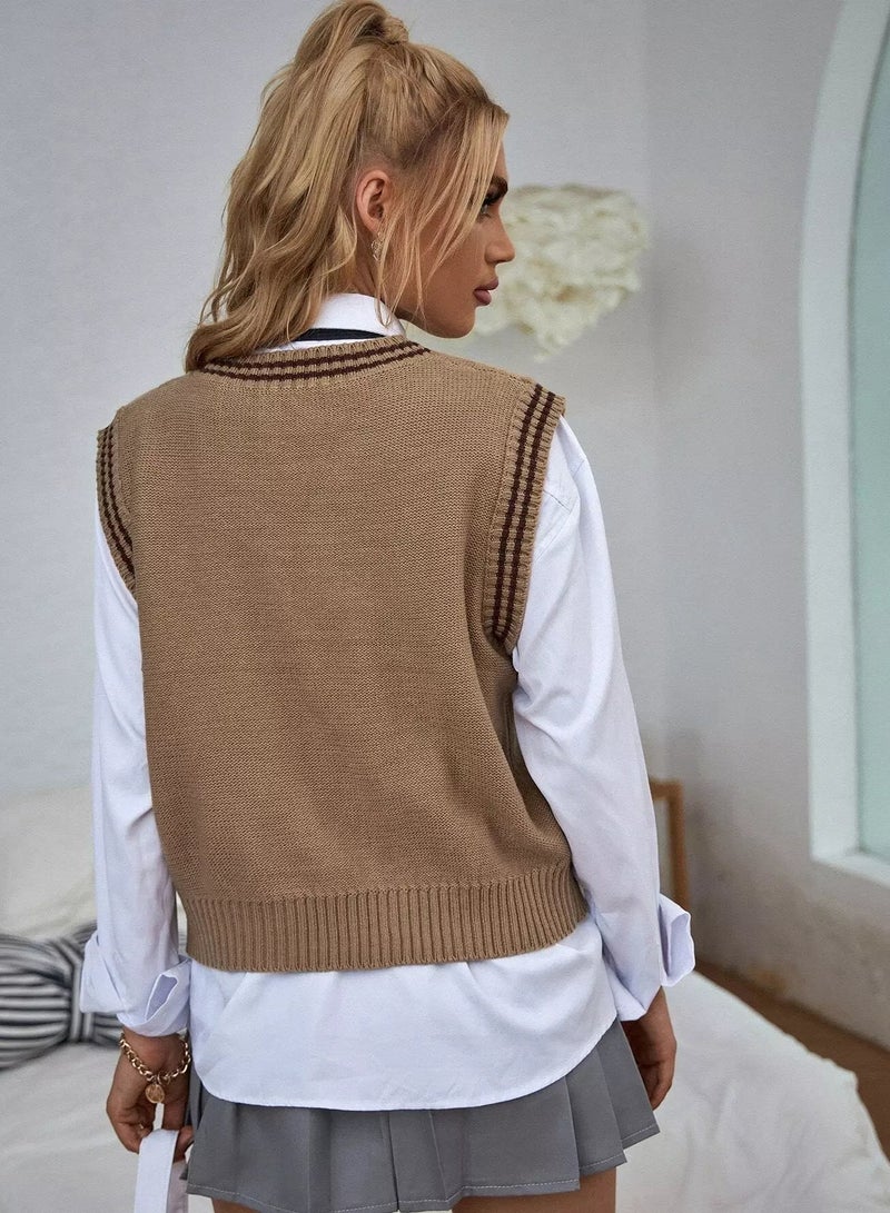 Striped Trim Mixed Knit Sweater Vest Without Blouse - Image 2