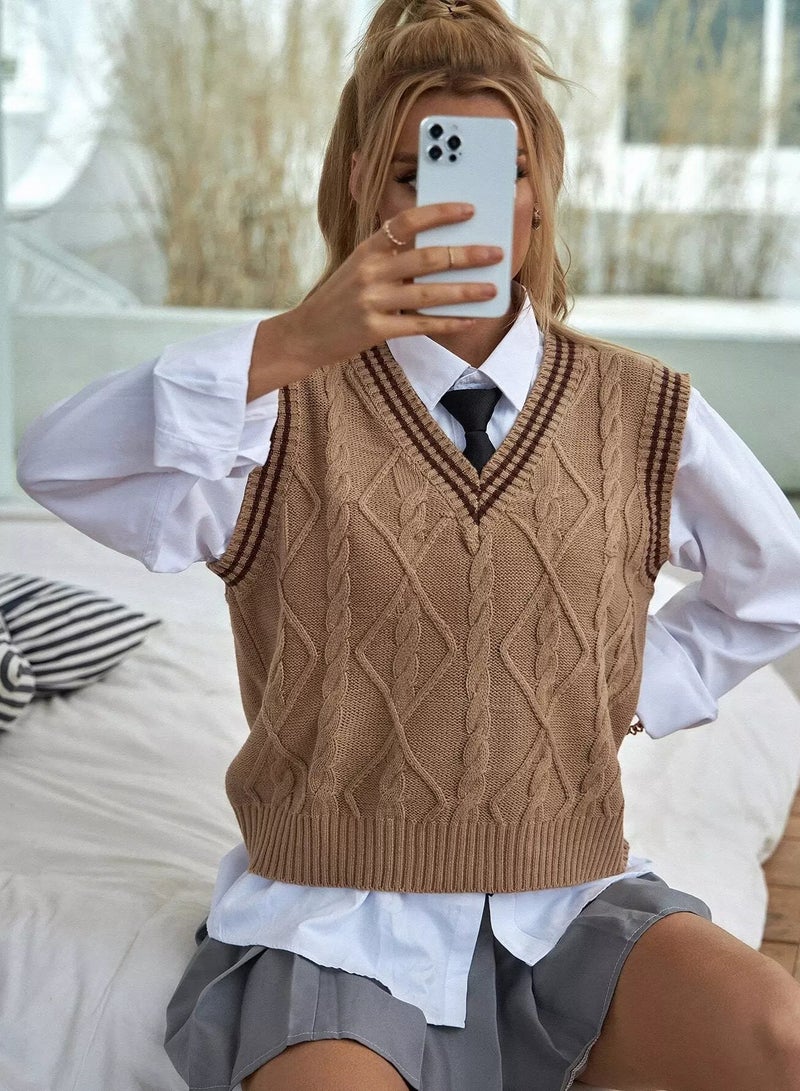 Striped Trim Mixed Knit Sweater Vest Without Blouse - Image 1