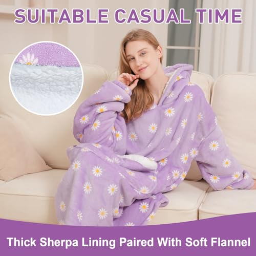Fiosnow Wearable Blanket Gift for Women & Men Sherpa Flannel Blanket Hoodie Long Warm and Cozy Blanket with Giant Pocket，Daisy - Image 5