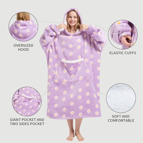 Fiosnow Wearable Blanket Gift for Women & Men Sherpa Flannel Blanket Hoodie Long Warm and Cozy Blanket with Giant Pocket，Daisy - Image 3