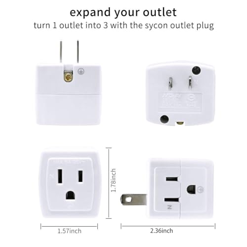 SYCON Adapter Outlet Extender, 2-Prong to 3-Prong Mini Wall Plug, Multi Outlet Splitter with 3 Outlets - Image 3