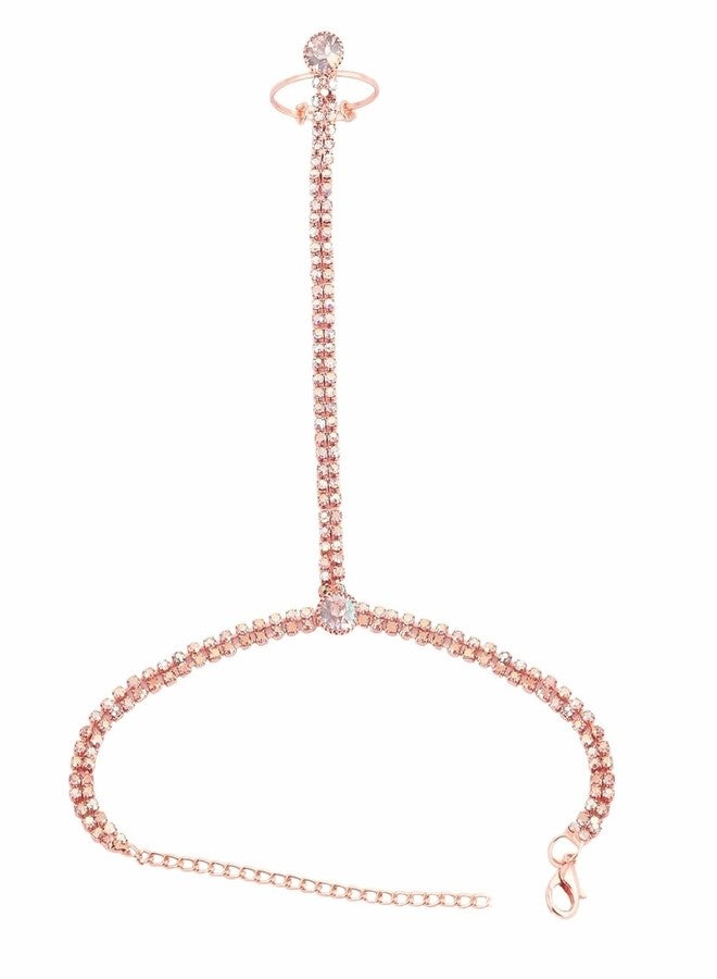 THANUS CRAFT Thanu's Craft Rose Gold Ring Bracelet Diamond Stone HathPhool Slave Chain Hand Harness Thong Hath Finger Panja For Women and Girls - Image 1