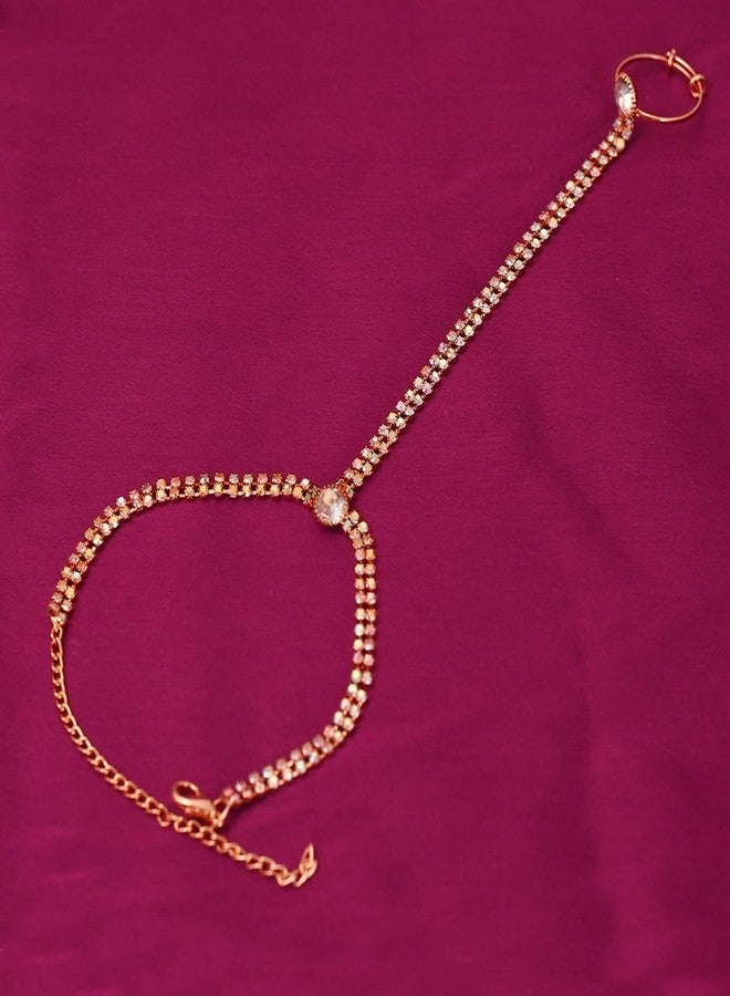 THANUS CRAFT Thanu's Craft Rose Gold Ring Bracelet Diamond Stone HathPhool Slave Chain Hand Harness Thong Hath Finger Panja For Women and Girls - Image 4