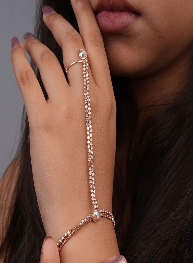 THANUS CRAFT Thanu's Craft Rose Gold Ring Bracelet Diamond Stone HathPhool Slave Chain Hand Harness Thong Hath Finger Panja For Women and Girls - Image 2