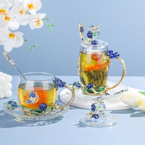 LANTREE فنجان قهوة هدية عيد الميلاد من LANTREE مع غطاء وصحن هدية عيد ميلاد للنساء والأصدقاء ووالدة في يوم الحب مع وردة وفراشة (أزرق قصير) - Image 3