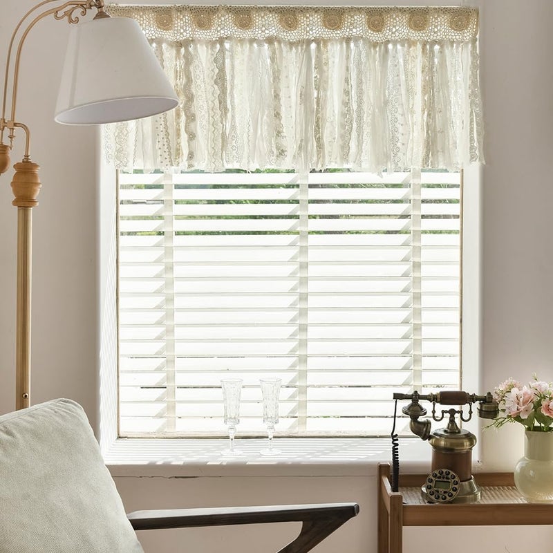 YJ YANJUN Boho Valances for Windows Handmade Cotton Crochet Lace Valance for Living Room Hollow Cafe Curtains 16 Inch Long Macrame Kitchen Curtain Wall Decor, 16" L x 40" W Ivory & Beige - Image 2