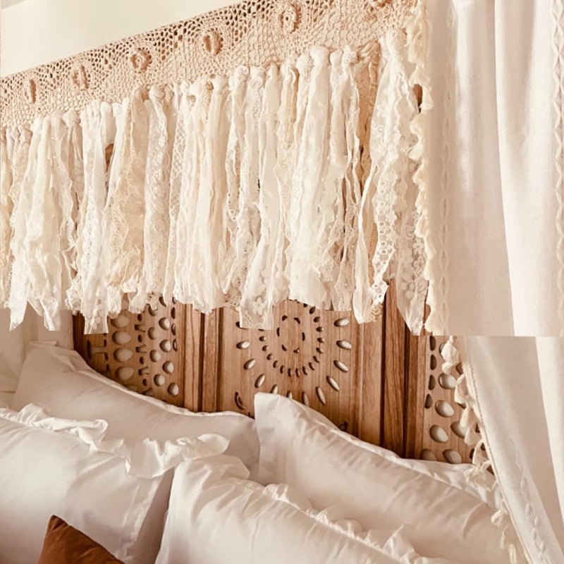 YJ YANJUN Boho Valances for Windows Handmade Cotton Crochet Lace Valance for Living Room Hollow Cafe Curtains 16 Inch Long Macrame Kitchen Curtain Wall Decor, 16" L x 40" W Ivory & Beige - Image 3