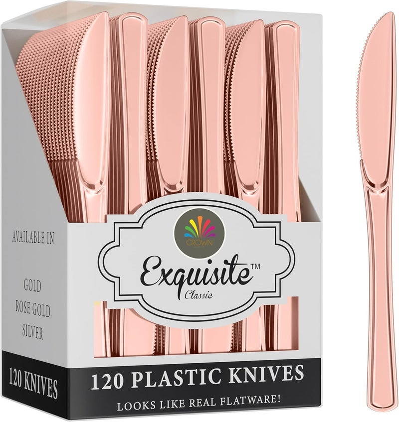 Exquisite سكاكين بلاستيكية ذهبية وردية ثقيلة 120 قطعة مجموعة أدوات مائدة بلاستيكية ذهبية وردية ثقيلة للاستخدام مرة واحدة | سكاكين للاستخدام مرة واحدة لمجموعات أدوات الطعام لمناسبات الحفلات والفعاليات - Image 1