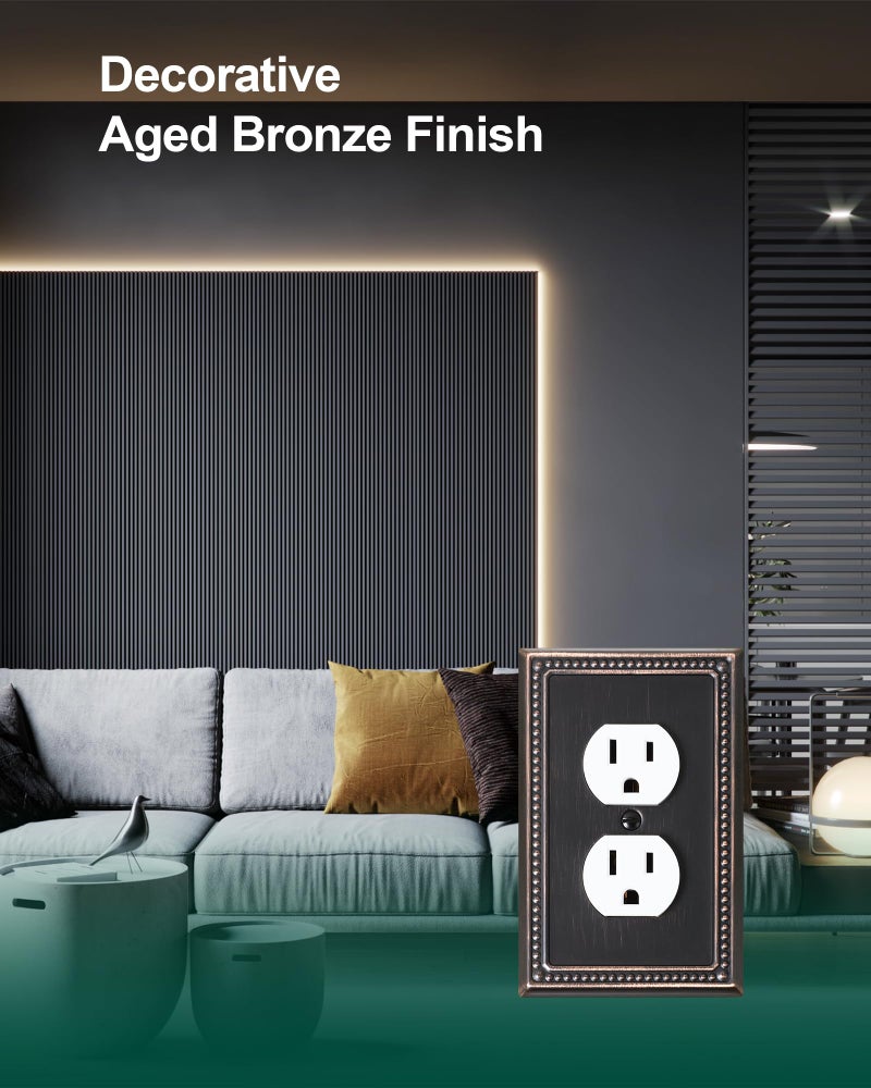 TREEWELL 6-Pack Duplex Outlet Cover Plate, Aged Bronze Metal Wall Plates for Electrical Outlets, 1 Gang Receptacle Light Switch Cover, Pearls Decorative Switch Plates and Outlet Covers - Image 3