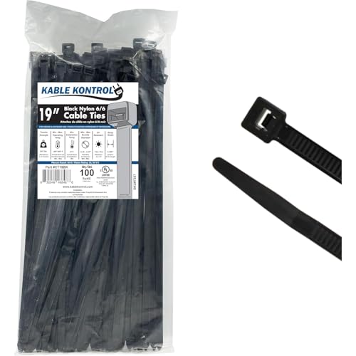 Kable Kontrol Heavy Duty Black Zip Ties - 19” Inch Long - 250 Lbs Tensile Strength - 100 Pcs/Pack - UV resistant Nylon - Multipurpose - Self-Locking Cable Management Wire Wraps - Image 1