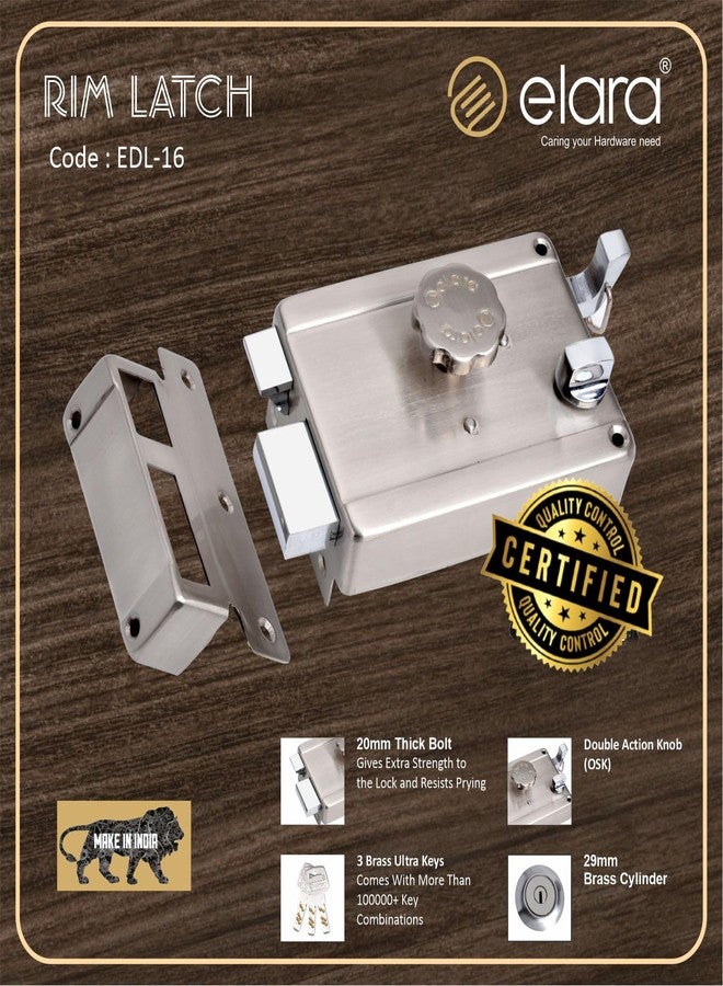 إلارا قفل Elara Rim Latch 1CK للباب الرئيسي، مناسب للأبواب الخشبية، قفل باب خشبي يفتح من الداخل مع 3 مفاتيح نحاسية قابلة للعكس (تشطيب SS، EDL-16، مفتاح فائق) - Image 5