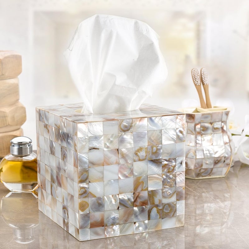 Creative Scents Milano Tissue Box Cover Square – Decorative Tissue Holder for Bathroom - Beautiful Natural Mother of Pearl Capiz Shells Tissue Box Holder - Cube Tissue Box Cover with Durable Bottom Slider - Image 2