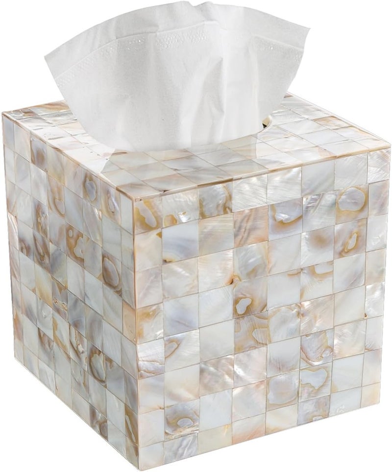 Creative Scents Milano Tissue Box Cover Square – Decorative Tissue Holder for Bathroom - Beautiful Natural Mother of Pearl Capiz Shells Tissue Box Holder - Cube Tissue Box Cover with Durable Bottom Slider - Image 1