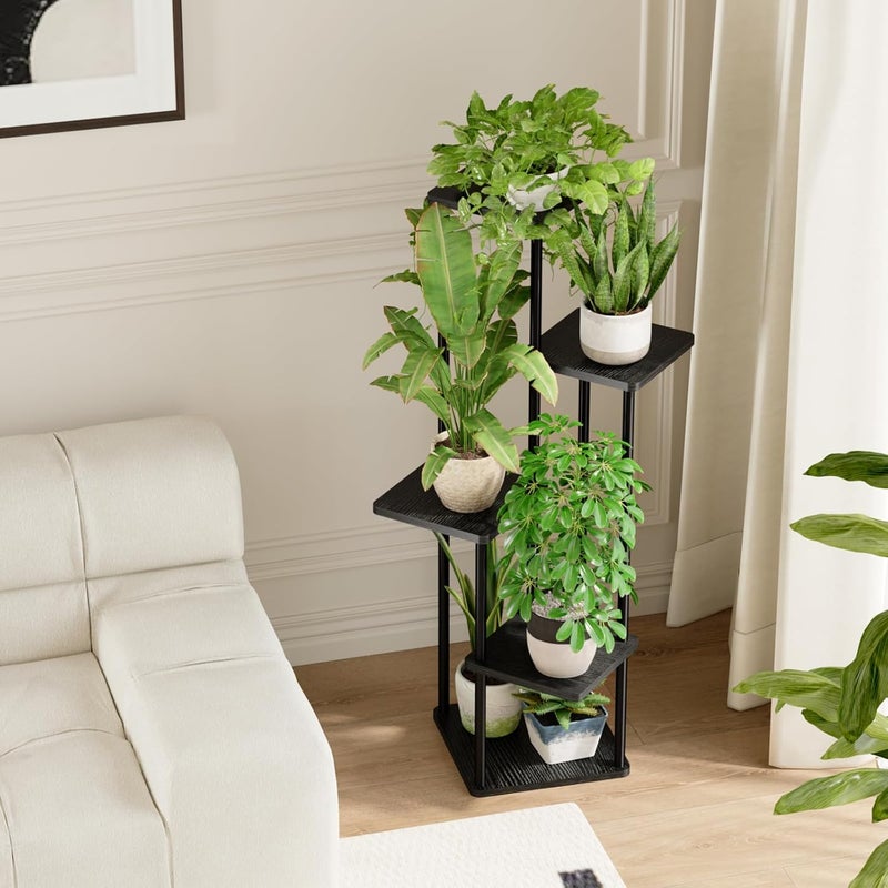 Bamworld حامل نباتات زاوية داخلي، رف نباتات معدني 5 طبقات لنباتات متعددة، حامل زهور طويل للفناء والحديقة والشرفة وغرفة المعيشة وغرفة النوم (أسود) - Image 3